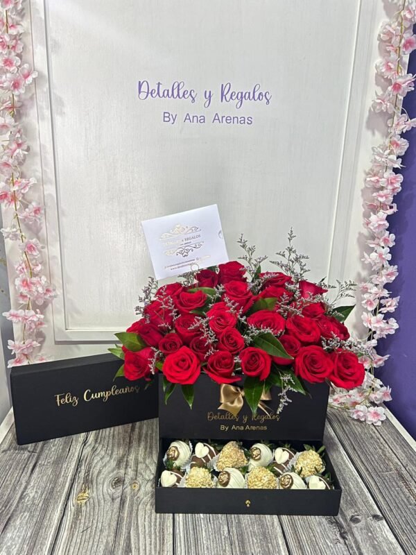 Caja de Lujo Gaveta Grande 48 rosas, 10 a 14 Fresas con chocolate.