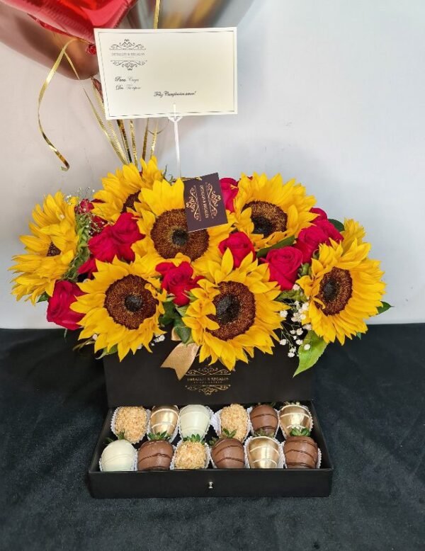 Caja de lujo Gaveta rectangular con Girasoles, rosas y fresas con chocolate