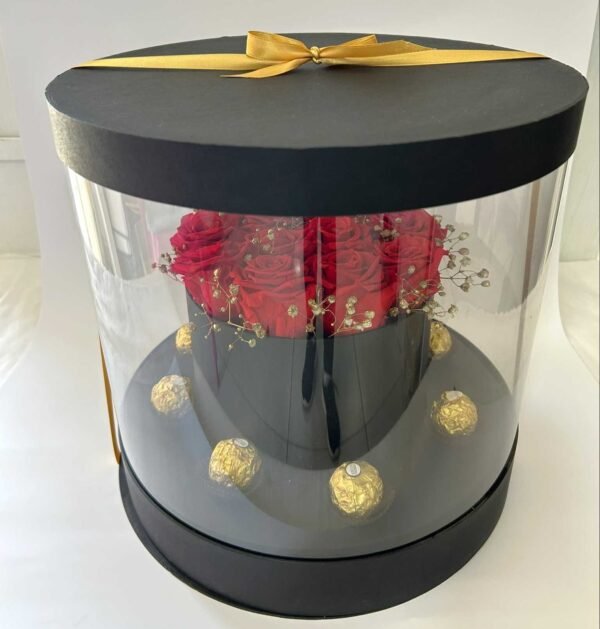 Caja de lujo cilindro con rosas y ferreros
