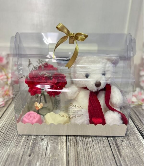 Caja tipo lonchera con Osito bufanda 20 cm, Tea hatsu , arreglo de claveles y rellenos de chocolate