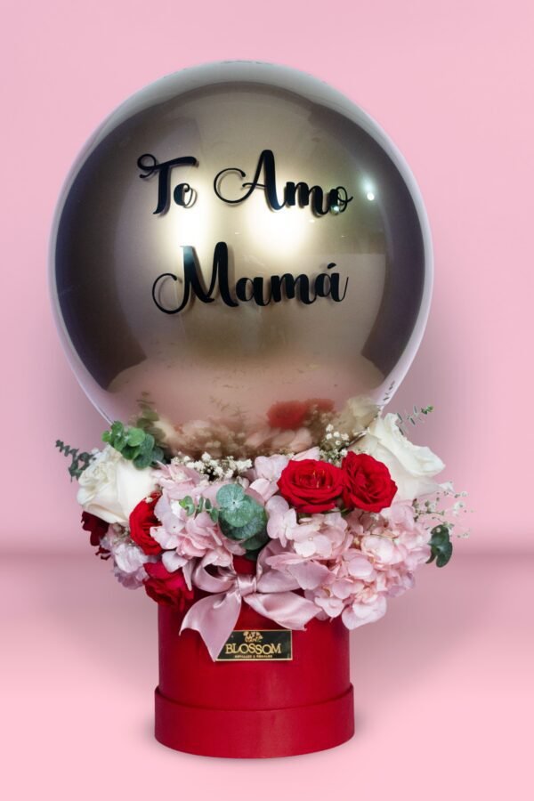Cilindro floral de lujo Éclat con globo cromado contramarcado para el Día de la Madre – Blossom Cartagena