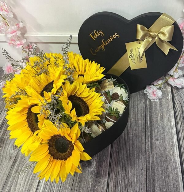 Caja de lujo corazón girasoles y fresas con chocolate