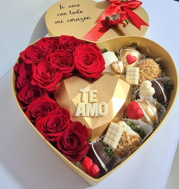 Caja corazón con corazón 3D chocolate, rosas, ferreros y fresas con chocolate