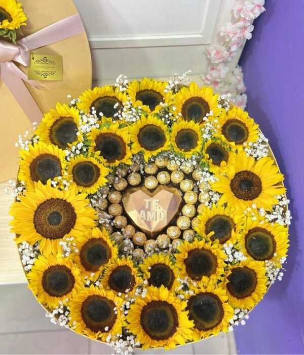 Cilindro XXL con girasol, corazón 3D de chocolate y Ferreros