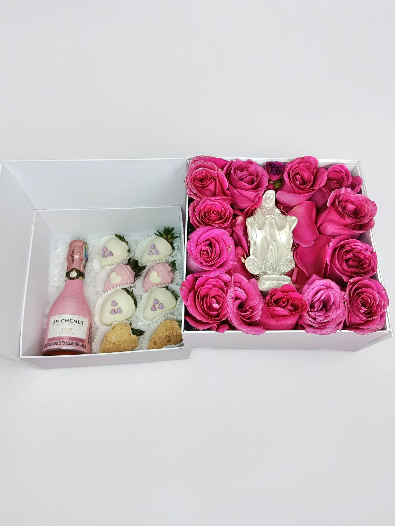 Caja de lujo Divina Gracia con Virgen iluminada LED, champaña JP Chenet y fresas con chocolate para el Día de la Madre – Blossom Cartagena