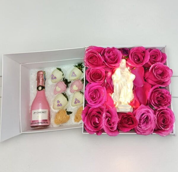 Caja de lujo Divina Gracia con Virgen iluminada LED, champaña JP Chenet y fresas con chocolate para el Día de la Madre – Blossom Cartagena